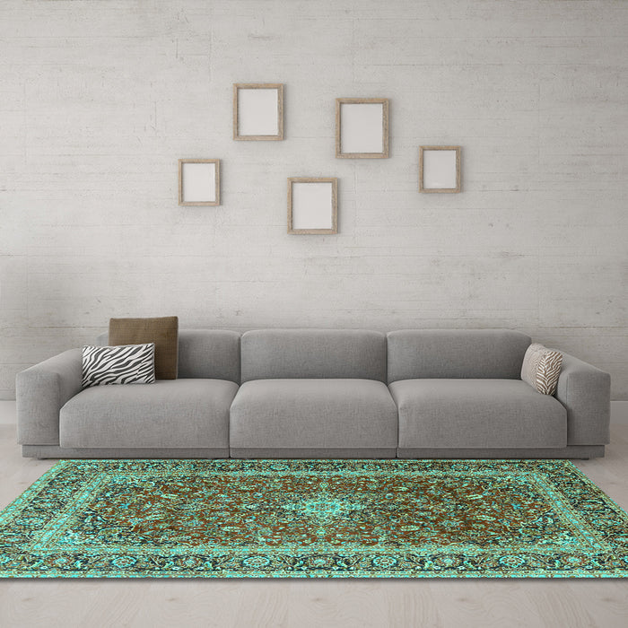 Machine Washable Persian Turquoise Traditional Area Rugs in a Living Room,, wshtr2937turq