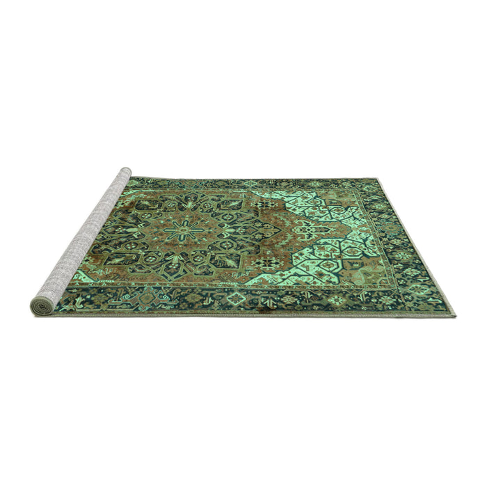 Sideview of Machine Washable Persian Turquoise Traditional Area Rugs, wshtr2938turq