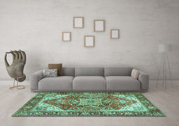 Machine Washable Persian Turquoise Traditional Area Rugs in a Living Room,, wshtr2939turq