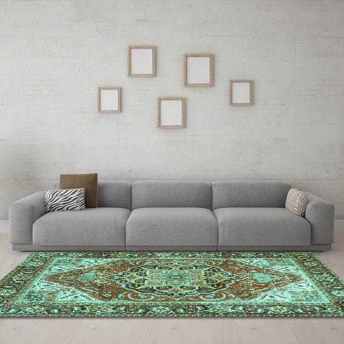 Machine Washable Persian Turquoise Traditional Area Rugs in a Living Room,, wshtr2939turq