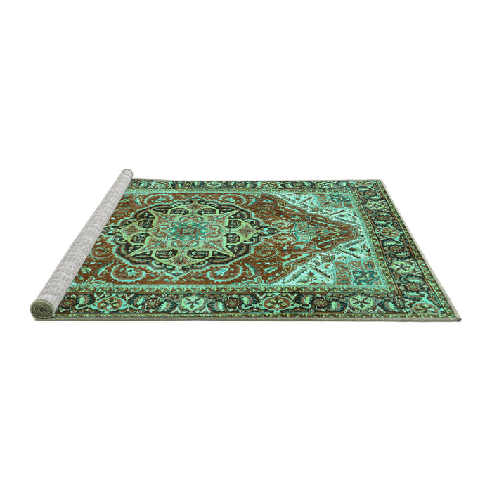 Sideview of Machine Washable Persian Turquoise Traditional Area Rugs, wshtr2939turq