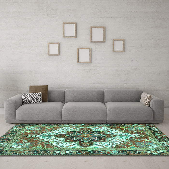 Machine Washable Persian Turquoise Traditional Area Rugs in a Living Room,, wshtr2940turq