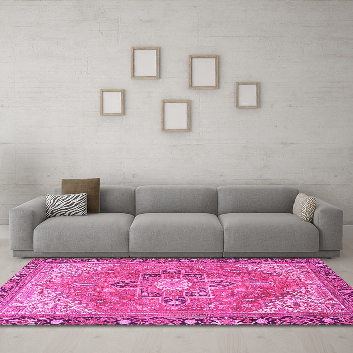 Machine Washable Persian Pink Traditional Rug in a Living Room, wshtr2941pnk