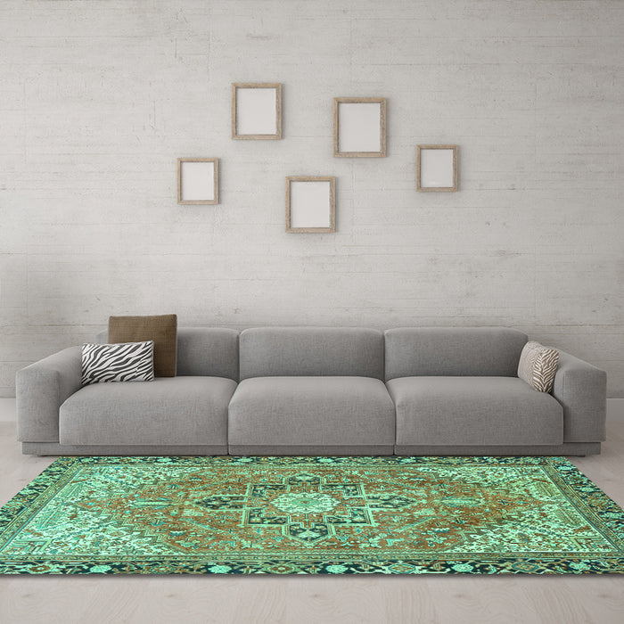 Machine Washable Persian Turquoise Traditional Area Rugs in a Living Room,, wshtr2941turq