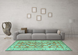 Machine Washable Oriental Turquoise Traditional Area Rugs in a Living Room,, wshtr2942turq