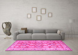Machine Washable Oriental Pink Traditional Rug in a Living Room, wshtr2942pnk