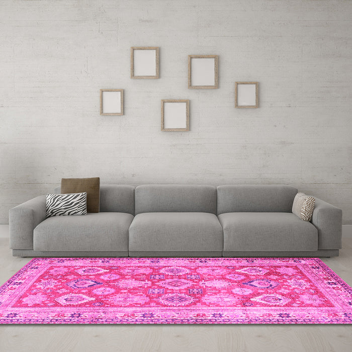 Machine Washable Oriental Pink Traditional Rug in a Living Room, wshtr2942pnk