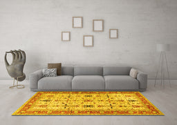 Machine Washable Oriental Yellow Traditional Rug in a Living Room, wshtr2943yw