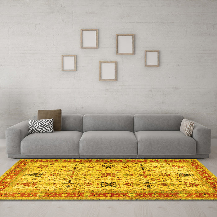 Machine Washable Oriental Yellow Traditional Rug in a Living Room, wshtr2943yw