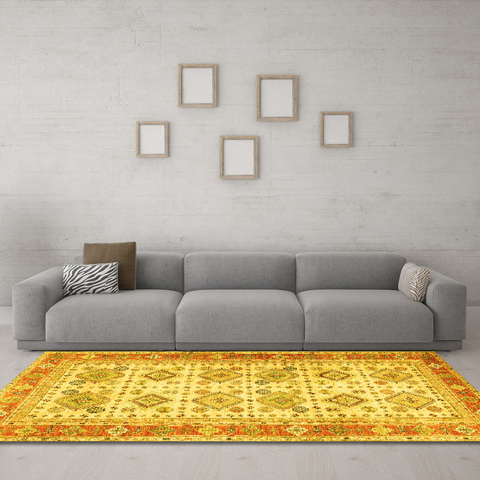 Machine Washable Oriental Yellow Traditional Rug in a Living Room, wshtr2945yw