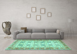 Machine Washable Oriental Turquoise Traditional Area Rugs in a Living Room,, wshtr2945turq