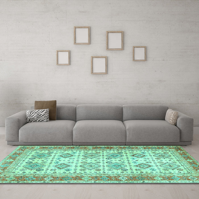 Machine Washable Oriental Turquoise Traditional Area Rugs in a Living Room,, wshtr2945turq