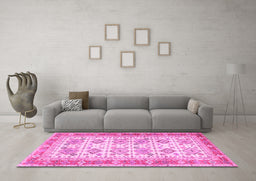 Machine Washable Oriental Pink Traditional Rug in a Living Room, wshtr2945pnk