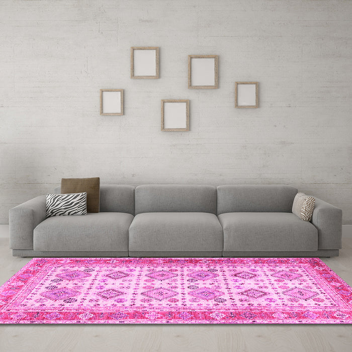 Machine Washable Oriental Pink Traditional Rug in a Living Room, wshtr2945pnk