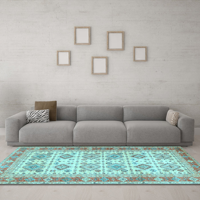Machine Washable Oriental Light Blue Traditional Rug in a Living Room, wshtr2945lblu