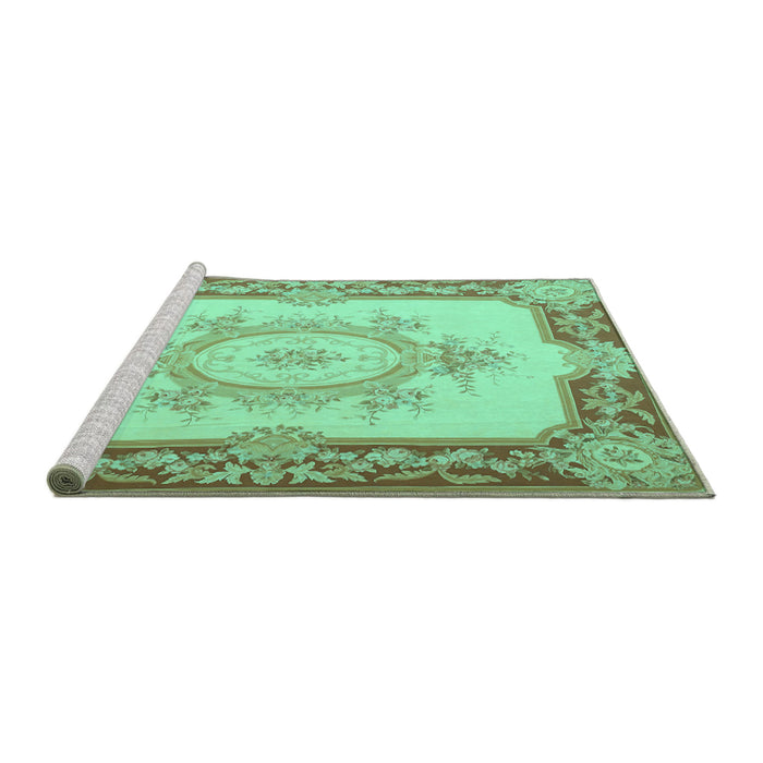 Sideview of Machine Washable Medallion Turquoise French Area Rugs, wshtr2947turq