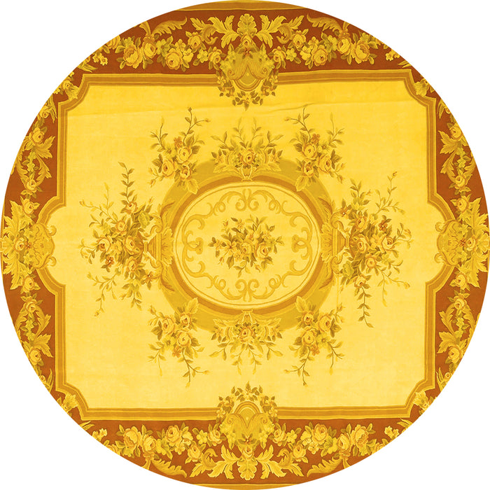 Round Machine Washable Medallion Yellow French Rug, wshtr2947yw