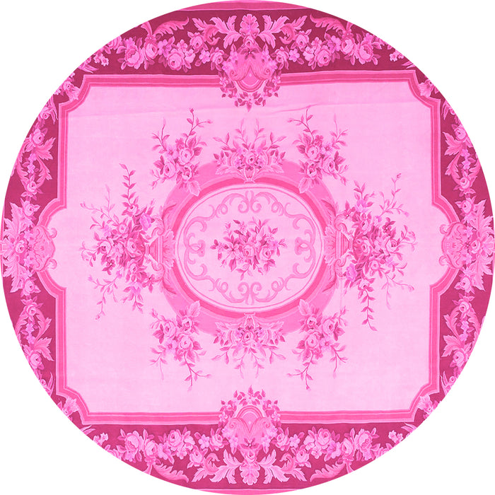 Round Machine Washable Medallion Pink French Rug, wshtr2947pnk