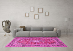 Machine Washable Medallion Pink Traditional Rug in a Living Room, wshtr2948pnk