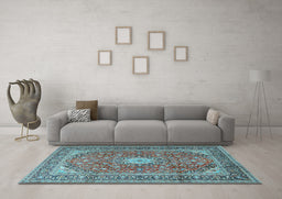 Machine Washable Medallion Light Blue Traditional Rug in a Living Room, wshtr2948lblu