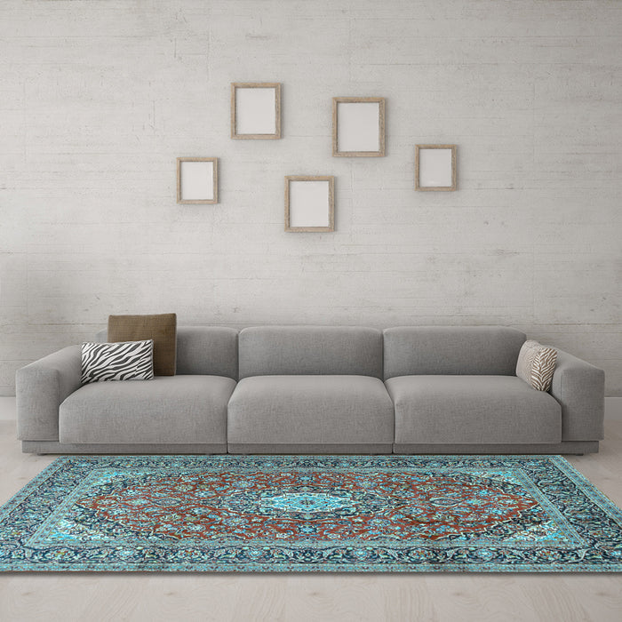 Machine Washable Medallion Light Blue Traditional Rug in a Living Room, wshtr2948lblu
