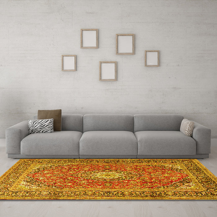 Machine Washable Medallion Yellow Traditional Rug in a Living Room, wshtr2948yw