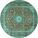 Round Machine Washable Medallion Turquoise Traditional Area Rugs, wshtr2948turq