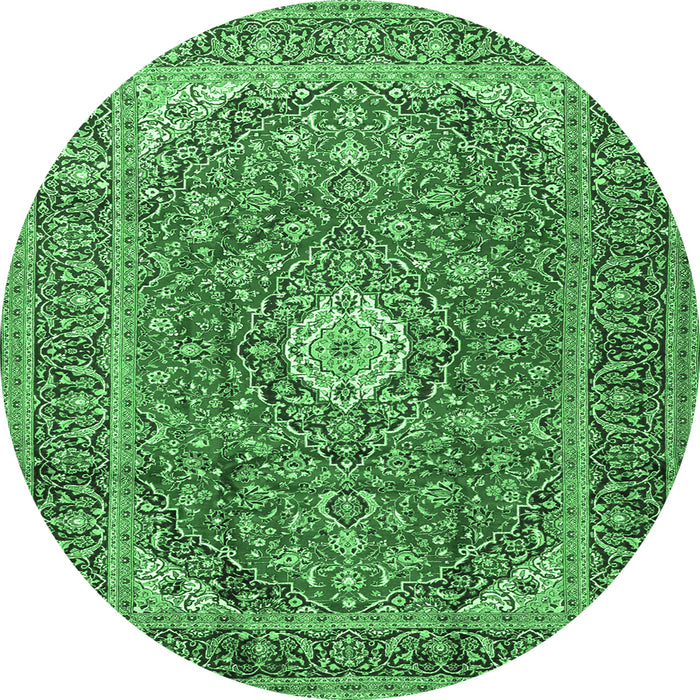 Round Machine Washable Medallion Emerald Green Traditional Area Rugs, wshtr2948emgrn
