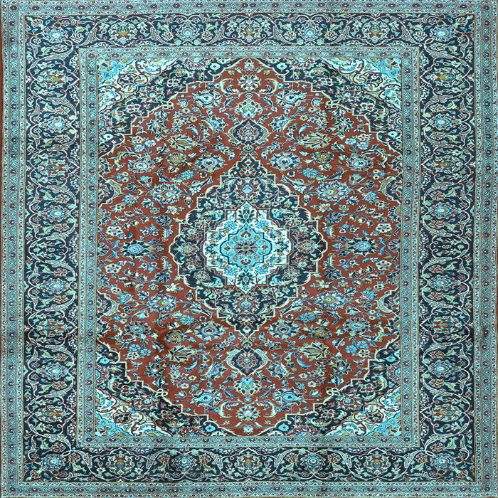 Square Machine Washable Medallion Light Blue Traditional Rug, wshtr2948lblu