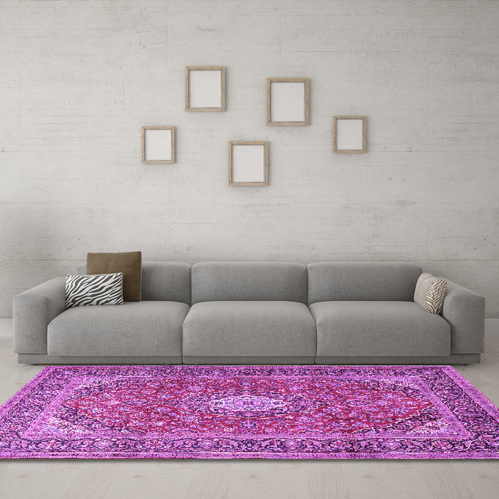 Machine Washable Medallion Purple Traditional Area Rugs in a Living Room, wshtr2948pur