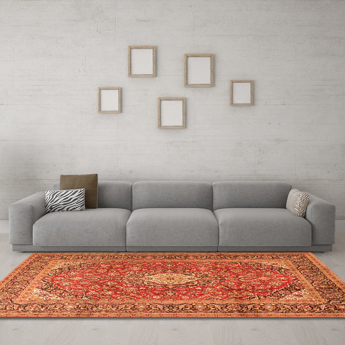 Machine Washable Medallion Orange Traditional Area Rugs in a Living Room, wshtr2948org