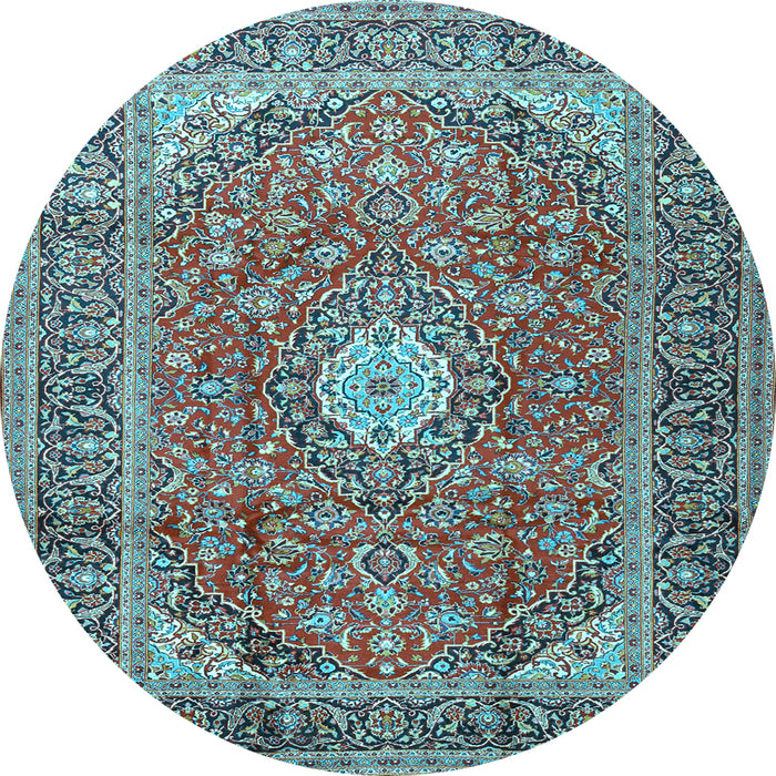 Round Machine Washable Medallion Light Blue Traditional Rug, wshtr2948lblu
