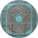 Round Machine Washable Medallion Light Blue Traditional Rug, wshtr2948lblu