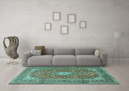 Machine Washable Medallion Turquoise Traditional Area Rugs in a Living Room,, wshtr2948turq