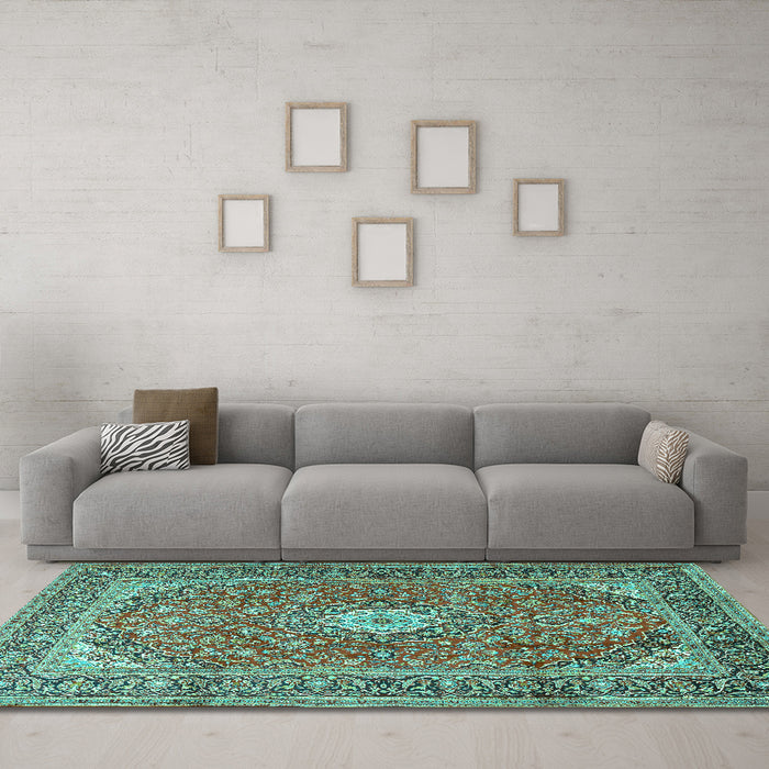 Machine Washable Medallion Turquoise Traditional Area Rugs in a Living Room,, wshtr2948turq