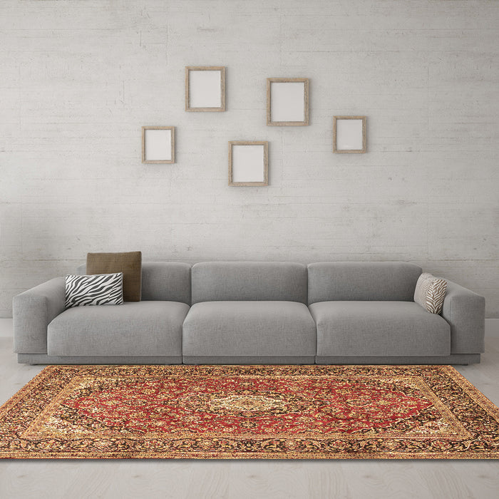 Machine Washable Medallion Brown Traditional Rug in a Living Room,, wshtr2948brn