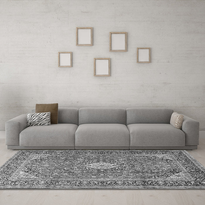 Machine Washable Medallion Gray Traditional Rug in a Living Room,, wshtr2948gry