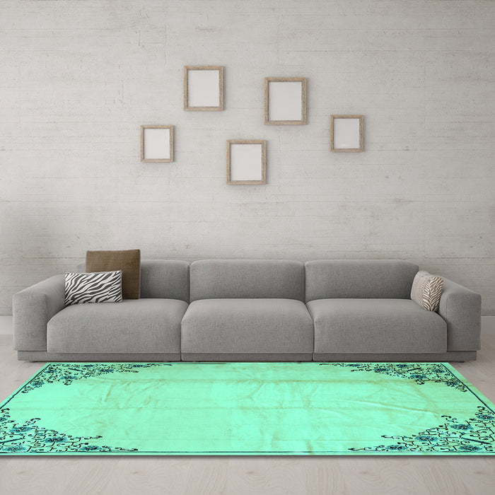 Machine Washable Persian Turquoise Traditional Area Rugs in a Living Room,, wshtr2949turq