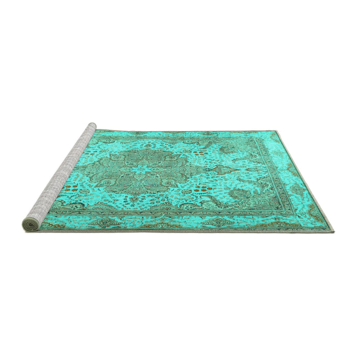 Sideview of Machine Washable Persian Turquoise Traditional Area Rugs, wshtr2951turq