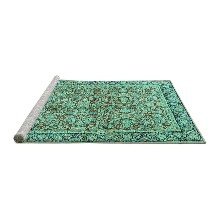 Sideview of Machine Washable Persian Turquoise Traditional Area Rugs, wshtr2954turq