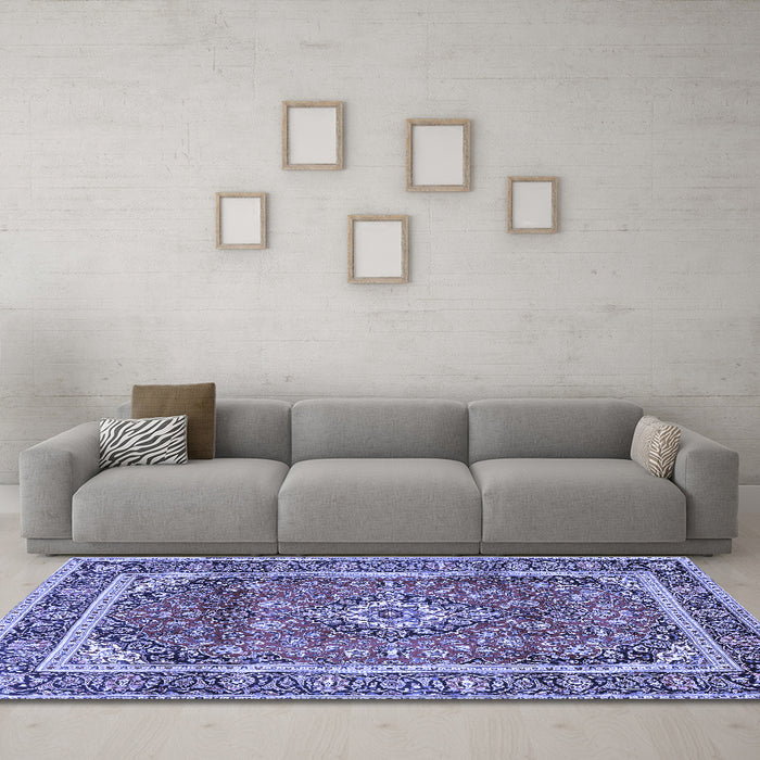 Machine Washable Medallion Blue Traditional Rug in a Living Room, wshtr2955blu