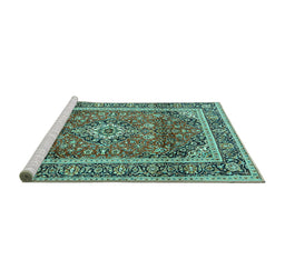 Sideview of Machine Washable Medallion Turquoise Traditional Area Rugs, wshtr2955turq