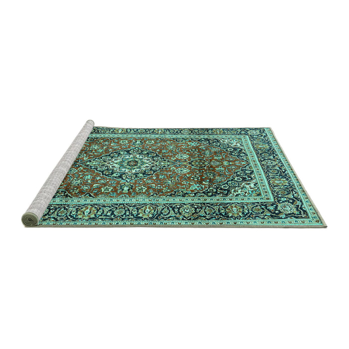 Sideview of Machine Washable Medallion Turquoise Traditional Area Rugs, wshtr2955turq