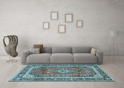 Machine Washable Medallion Light Blue Traditional Rug in a Living Room, wshtr2955lblu