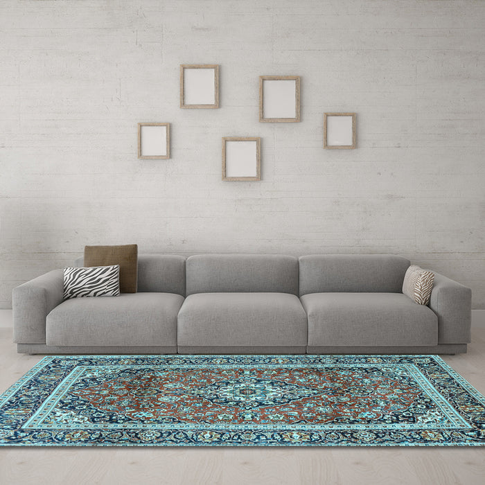 Machine Washable Medallion Light Blue Traditional Rug in a Living Room, wshtr2955lblu