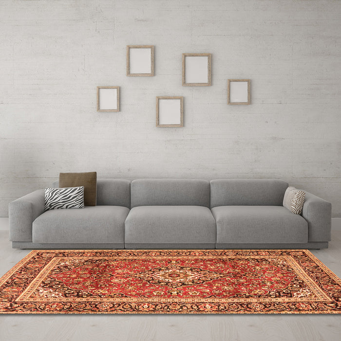 Machine Washable Medallion Orange Traditional Area Rugs in a Living Room, wshtr2955org