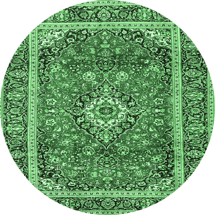 Round Machine Washable Medallion Emerald Green Traditional Area Rugs, wshtr2955emgrn