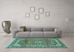 Machine Washable Medallion Turquoise Traditional Area Rugs in a Living Room,, wshtr2955turq