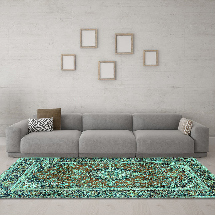 Machine Washable Medallion Turquoise Traditional Area Rugs in a Living Room,, wshtr2955turq