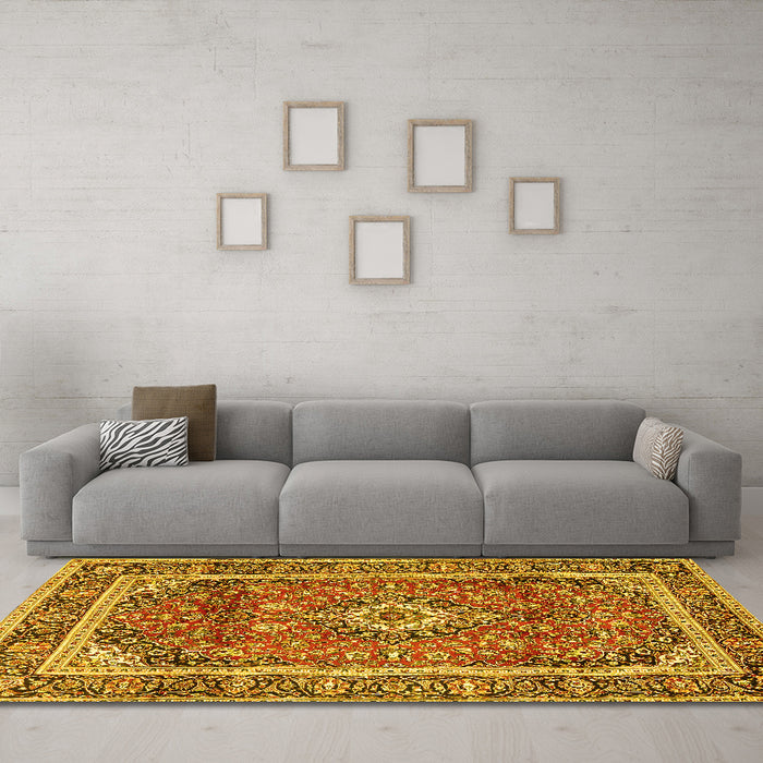 Machine Washable Medallion Yellow Traditional Rug in a Living Room, wshtr2955yw